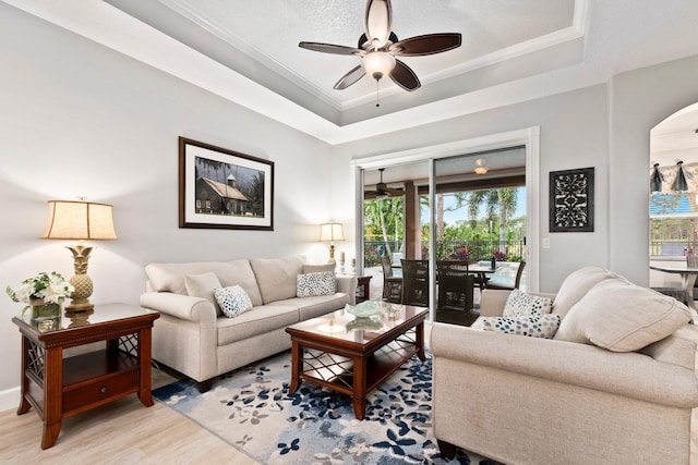 living room with a tray ceiling, plenty of natural light, and light hardwood / wood-style floors