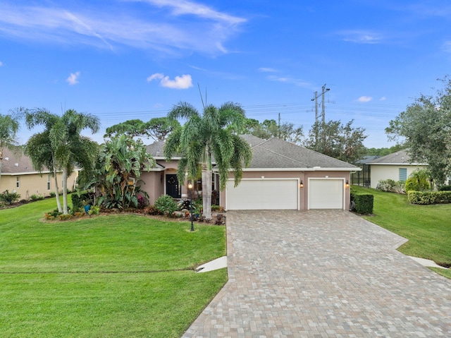 ranch-style house with a front lawn and a garage