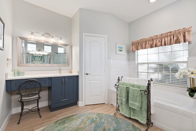 bathroom with vanity, a bathtub, and wood-type flooring