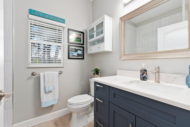 bathroom featuring vanity, hardwood / wood-style flooring, and toilet