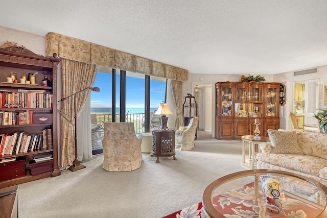 living area with a textured ceiling, a water view, and light carpet