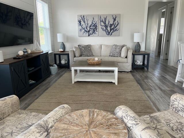 living room with dark hardwood / wood-style floors