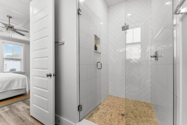 bathroom featuring hardwood / wood-style floors, ceiling fan, and an enclosed shower