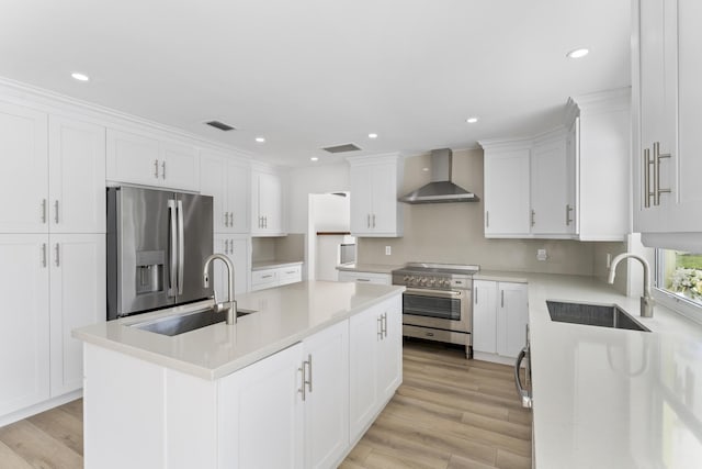 kitchen featuring stainless steel appliances, sink, wall chimney range hood, white cabinets, and a center island