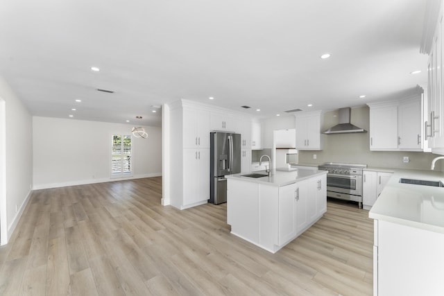 kitchen with a center island with sink, white cabinets, wall chimney range hood, and appliances with stainless steel finishes