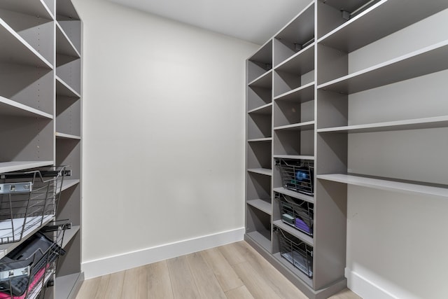 walk in closet with light hardwood / wood-style floors