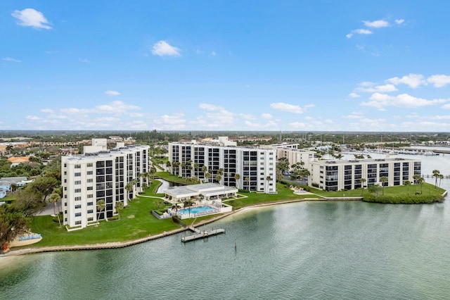 aerial view featuring a water view