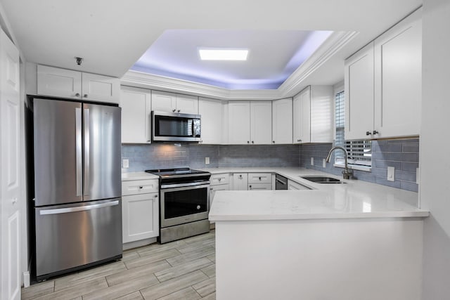 kitchen featuring white cabinetry, sink, stainless steel appliances, a raised ceiling, and kitchen peninsula