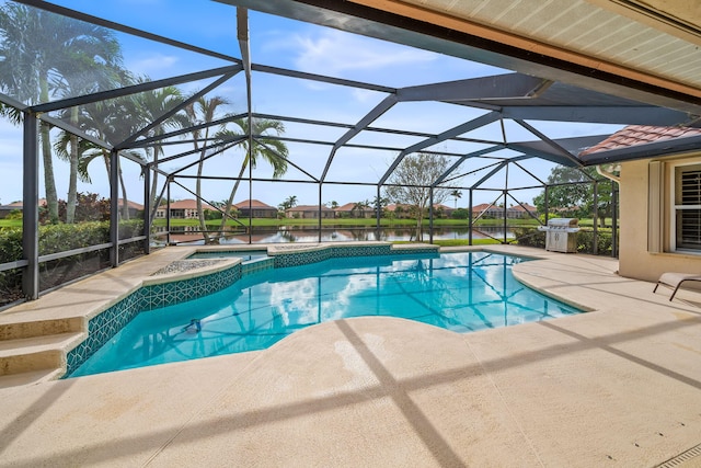 view of pool with a water view, a lanai, an in ground hot tub, area for grilling, and a patio