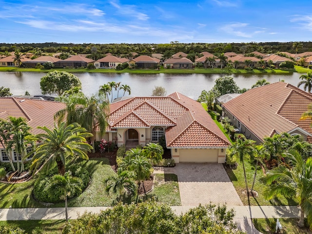 bird's eye view with a water view