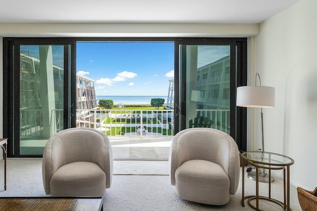 sitting room with a water view and a wealth of natural light