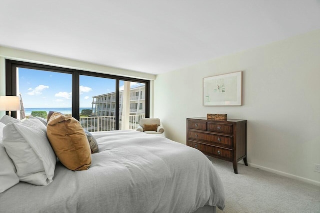 carpeted bedroom featuring access to outside and a water view