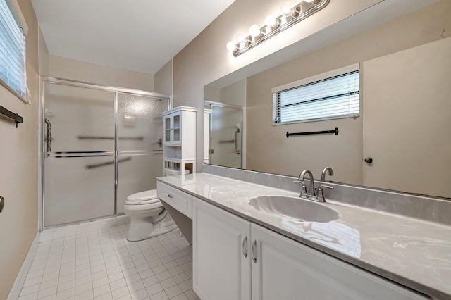 bathroom with tile patterned flooring, vanity, toilet, and a shower with door