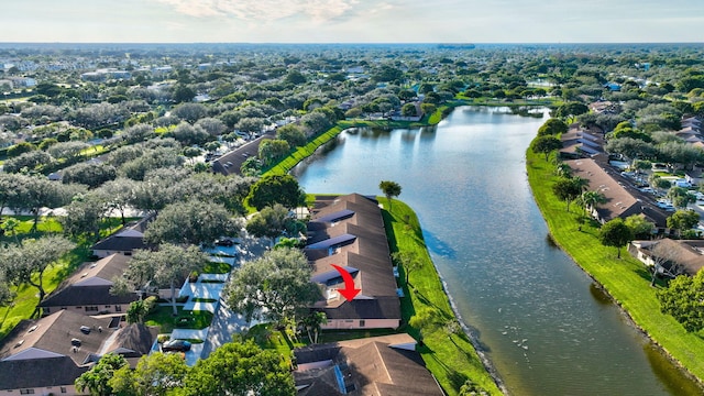 drone / aerial view featuring a water view