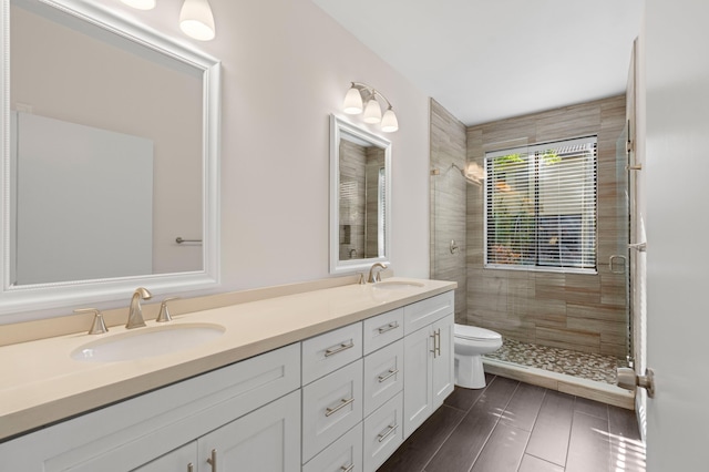 bathroom with a tile shower, vanity, and toilet