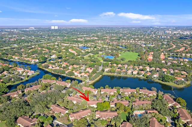 drone / aerial view featuring a water view