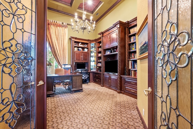 office space featuring beam ceiling, coffered ceiling, an inviting chandelier, carpet, and ornamental molding