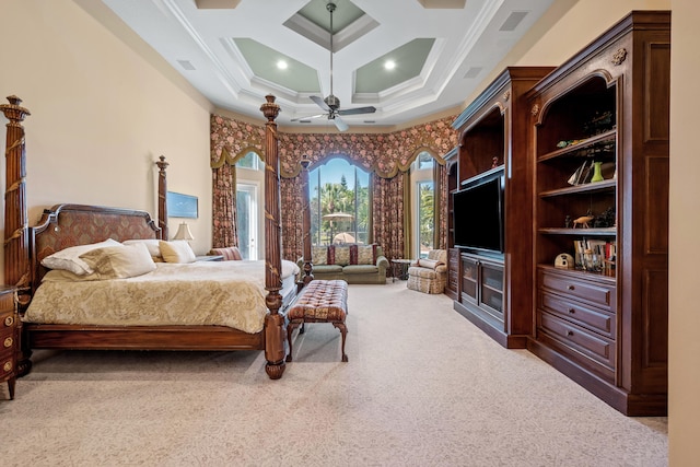 carpeted bedroom featuring beamed ceiling, ceiling fan, crown molding, and coffered ceiling