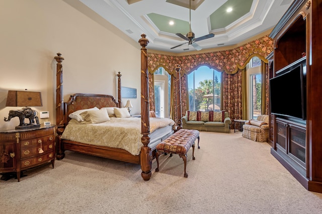 bedroom featuring coffered ceiling, ceiling fan, crown molding, beam ceiling, and carpet floors