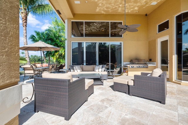 view of patio / terrace featuring an outdoor hangout area, ceiling fan, and grilling area