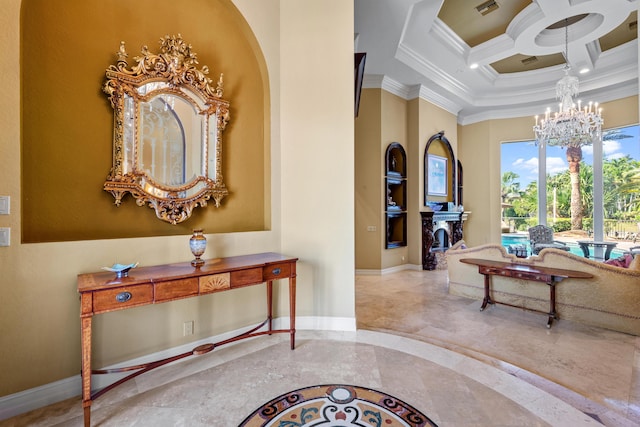 foyer entrance with ornamental molding, coffered ceiling, beam ceiling, a fireplace, and a chandelier