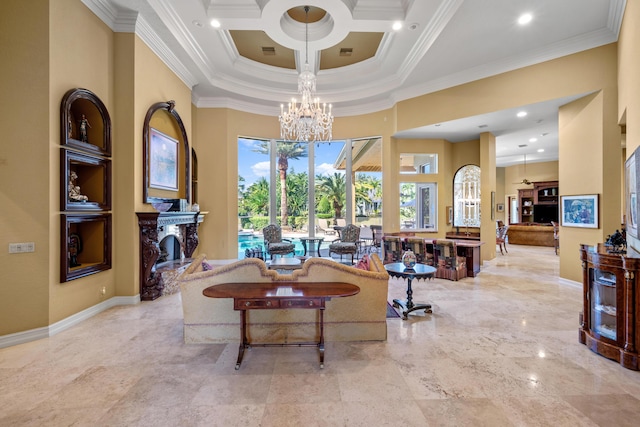 living room featuring a high ceiling, coffered ceiling, ornamental molding, a fireplace, and a chandelier