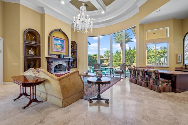 living room with built in shelves, ornamental molding, a high ceiling, and coffered ceiling