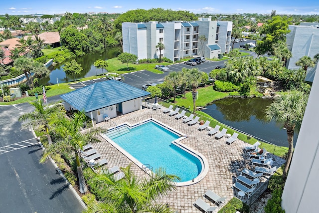 drone / aerial view with a water view