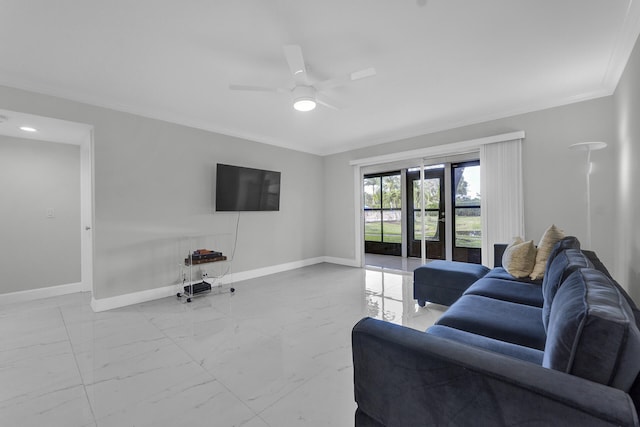 living room featuring ceiling fan and crown molding