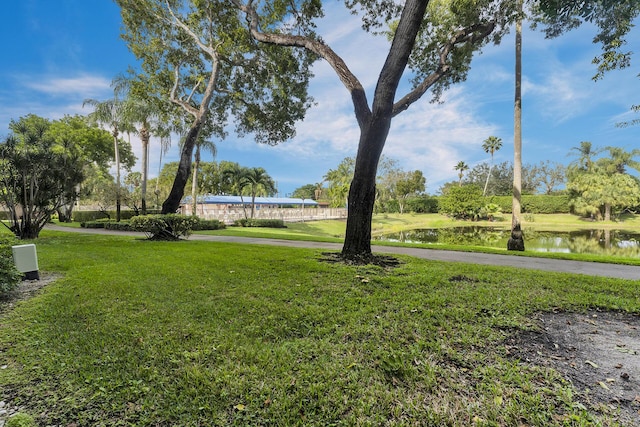 view of property's community featuring a lawn and a water view