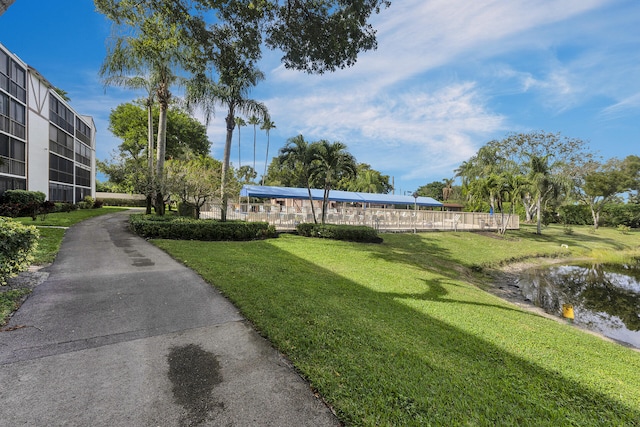 view of property's community featuring a water view and a yard