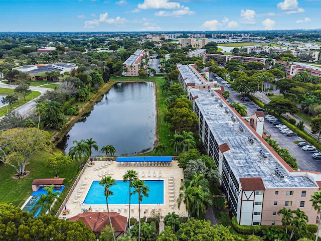 drone / aerial view with a water view