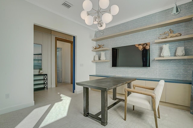 office with crown molding and an inviting chandelier