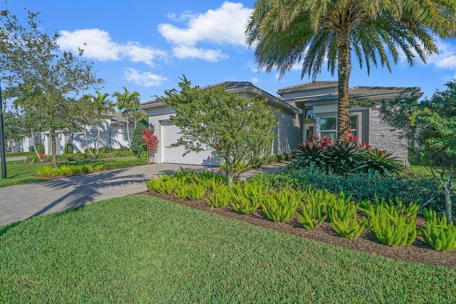 view of property hidden behind natural elements with a garage and a front lawn