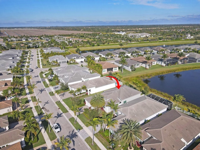 drone / aerial view featuring a water view