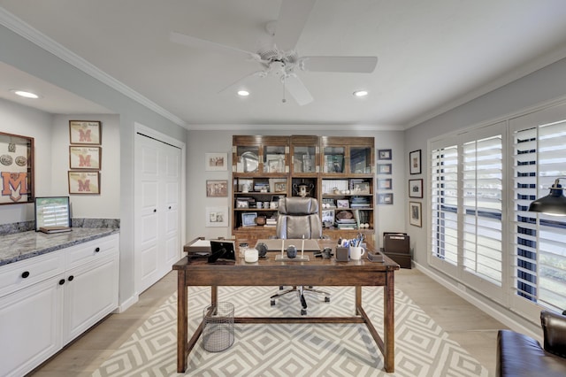 office area featuring ornamental molding, ceiling fan, light wood finished floors, and recessed lighting