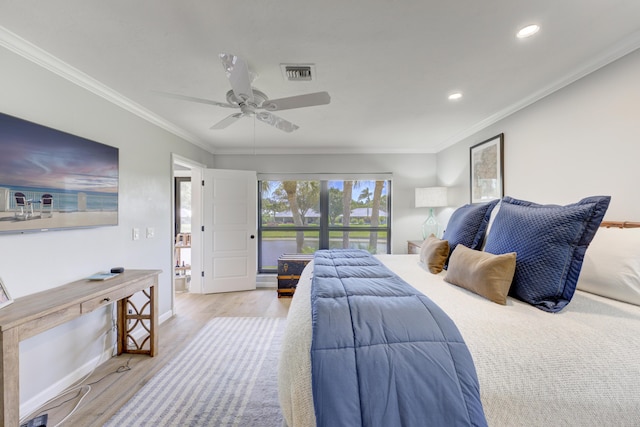 bedroom with crown molding, ceiling fan, and light wood-type flooring