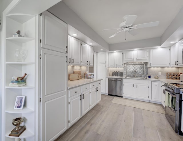 kitchen with electric range, white cabinets, dishwasher, light wood-style flooring, and open shelves