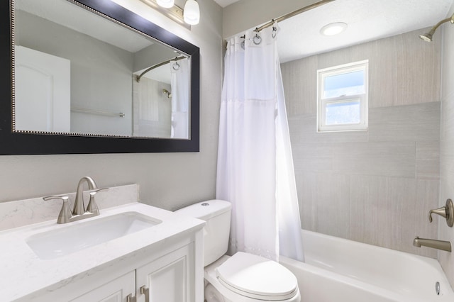 full bathroom with vanity, toilet, and shower / bathtub combination with curtain