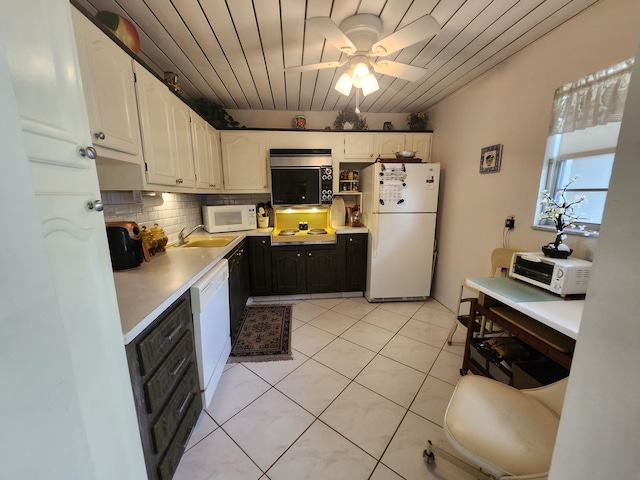 kitchen with ceiling fan, white cabinetry, white appliances, and wooden ceiling