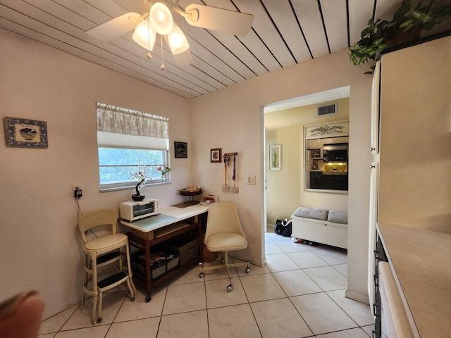 tiled office featuring ceiling fan and wood ceiling