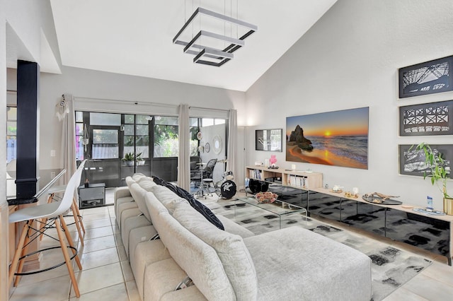 tiled living room with high vaulted ceiling