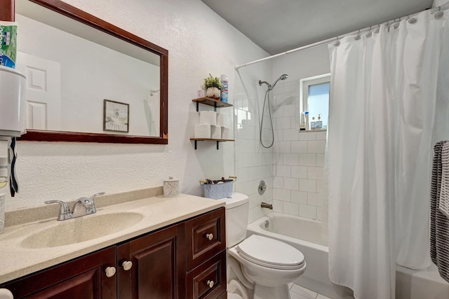 full bathroom with shower / bath combination with curtain, vanity, and toilet