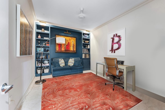 office space with built in shelves, concrete flooring, and ornamental molding