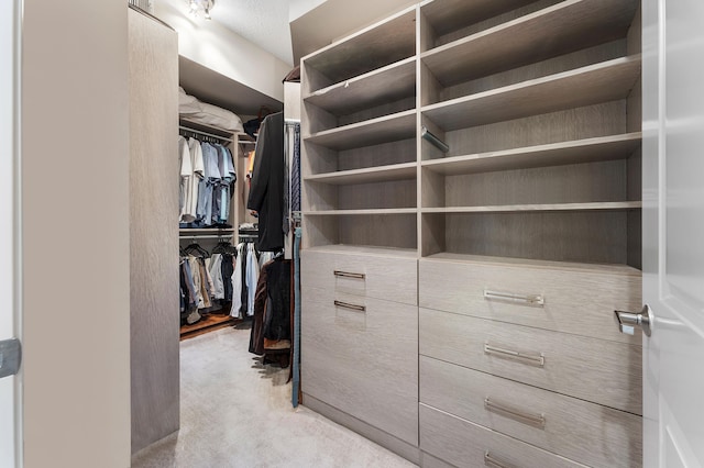 spacious closet featuring light carpet