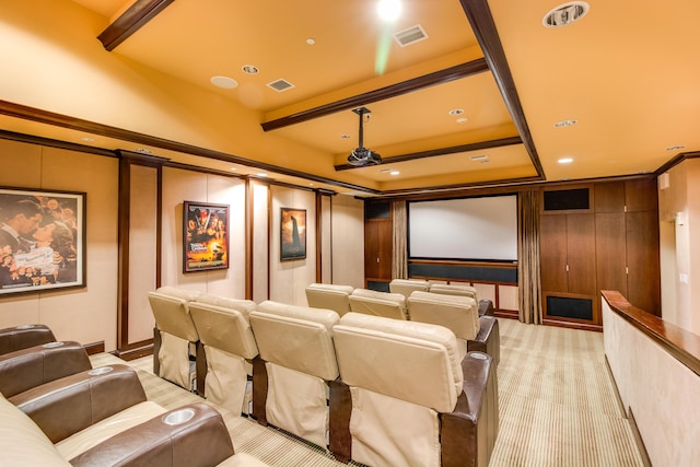 carpeted cinema room featuring beamed ceiling and wood walls