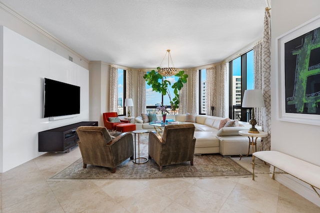 living room featuring ornamental molding, a textured ceiling, a wealth of natural light, and a notable chandelier