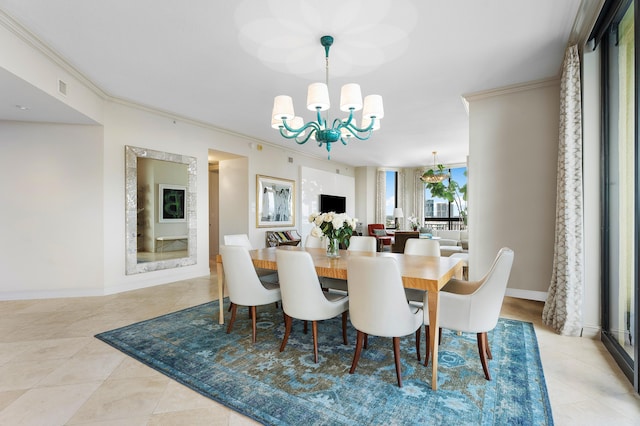 dining room with light tile patterned floors, crown molding, and a chandelier