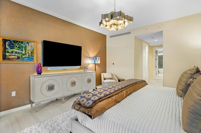 bedroom with baseboards, visible vents, and a notable chandelier