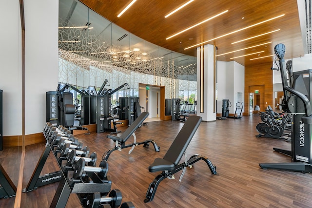 exercise room featuring wood finished floors, a towering ceiling, and an inviting chandelier